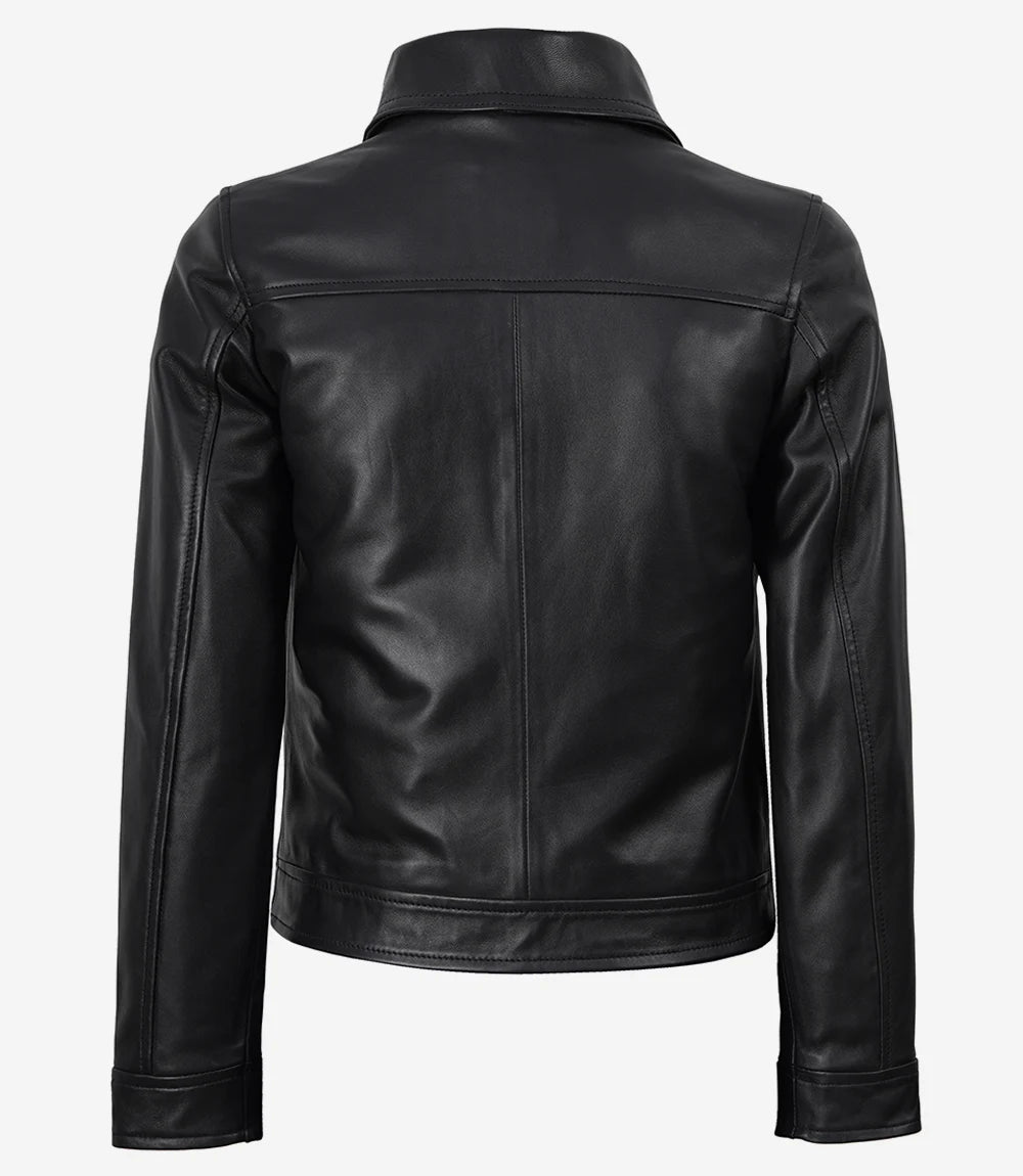 Black Lambskin Leather Women's Jacket with Classic Collar-Leather Jackets-Glompi-Glompi