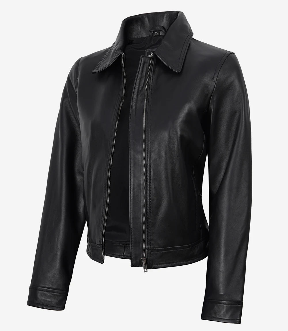 Black Lambskin Leather Women's Jacket with Classic Collar-Leather Jackets-Glompi-XS-Glompi