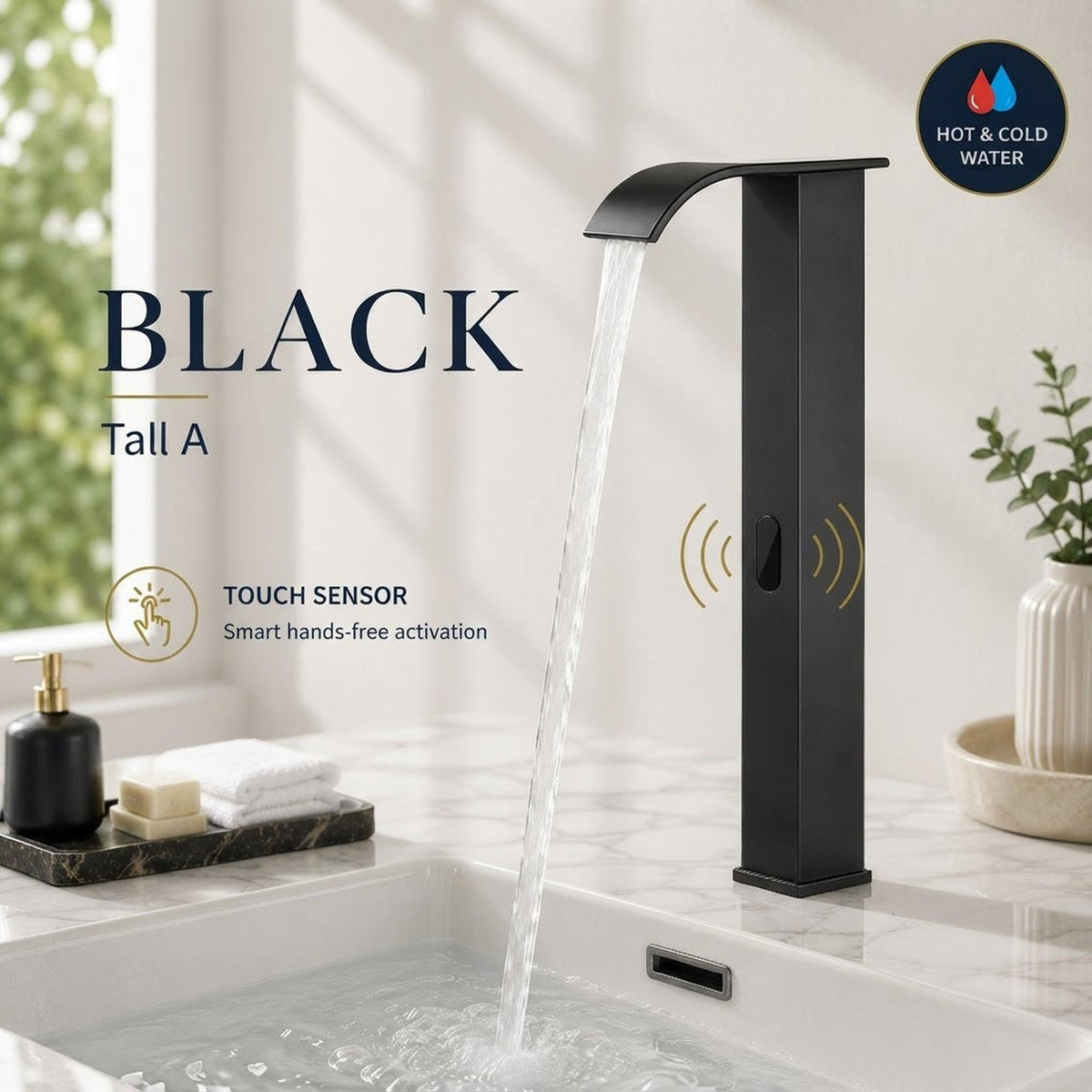 Tall black touchless bathroom faucet with a waterfall spout and hands-free sensor on a marble vanity.