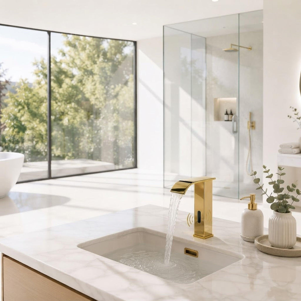 Gold touchless waterfall bathroom faucet with motion sensor, mounted on a white marble vanity in a modern bathroom.