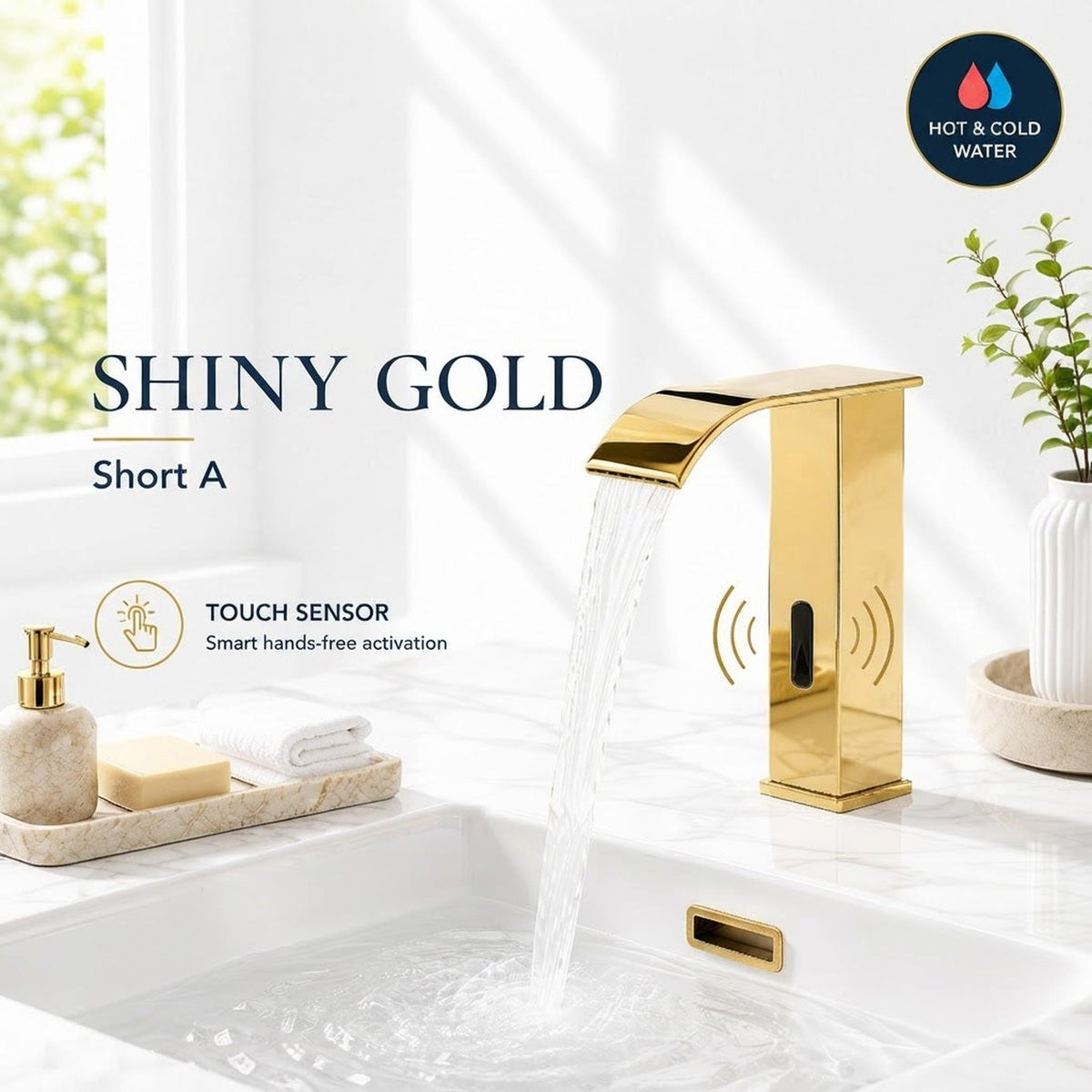 Shiny gold touchless bathroom faucet with a waterfall spout and automatic sensor for hands-free operation on a white sink.