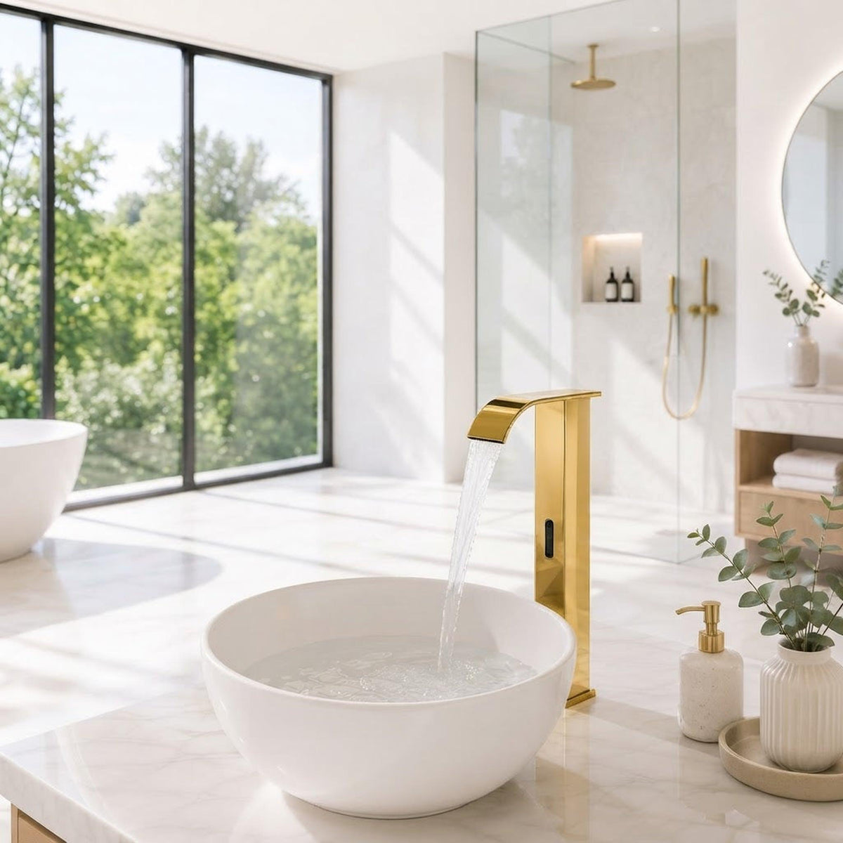 Modern gold touchless sensor faucet with a waterfall spout pouring water into a white ceramic vessel sink.