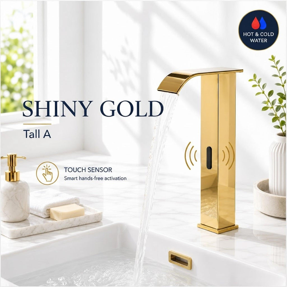 Tall shiny gold touchless bathroom faucet with a waterfall spout and automatic sensor for hands-free water activation.