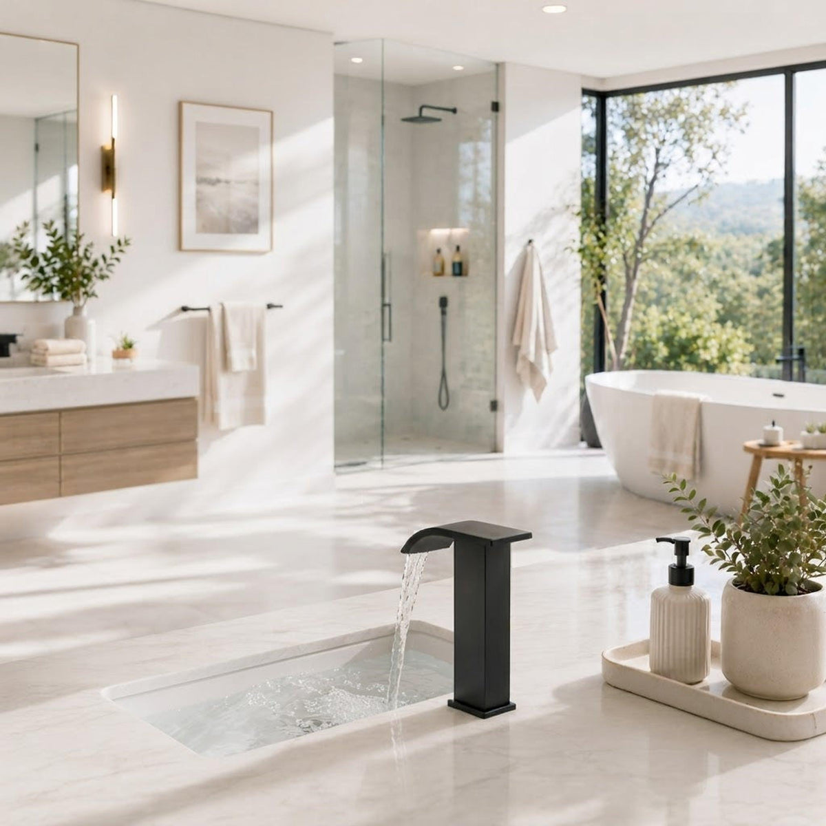 Modern matte black touchless bathroom faucet with a waterfall spout design, installed on a white marble countertop.