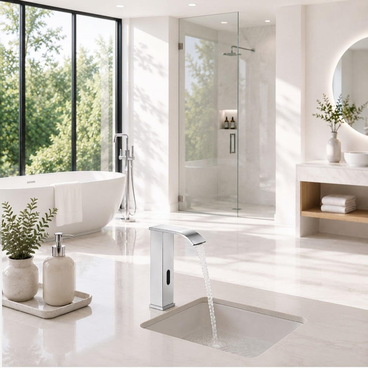 Modern chrome automatic sensor faucet with a waterfall spout, installed on a white marble bathroom vanity.