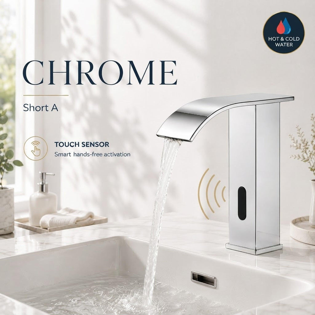 Chrome touchless bathroom faucet with a waterfall spout, automatic sensor, and hot and cold water mixing capability.