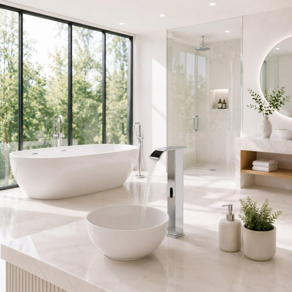 Modern chrome touchless sensor faucet with a waterfall spout, installed on a marble vanity in a bright bathroom.