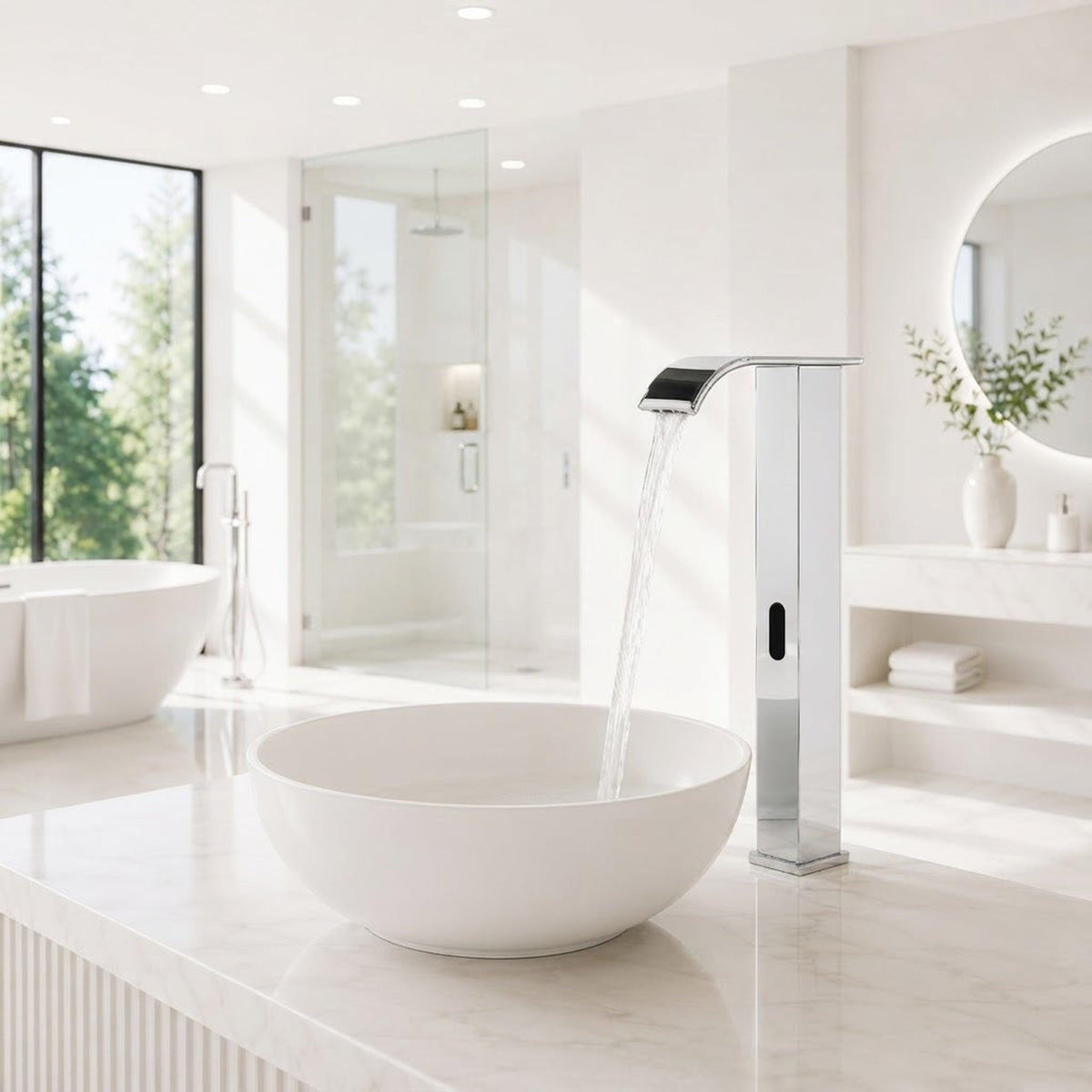 Modern chrome touchless bathroom faucet with a waterfall spout and motion sensor, installed on a white marble vanity.