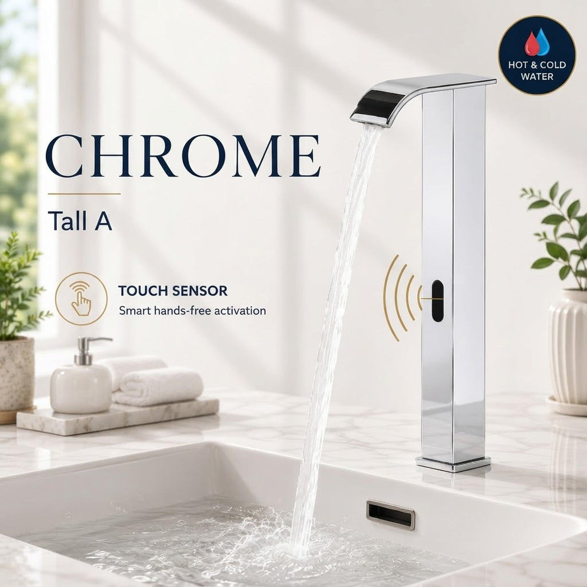 Tall chrome touchless bathroom faucet with a waterfall spout and smart hands-free sensor for hot and cold water.