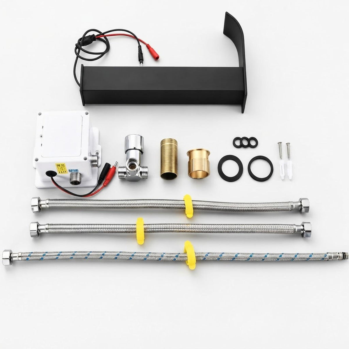 Matte black touchless bathroom faucet kit with waterfall spout, sensor box, brass fittings, and flexible water hoses.