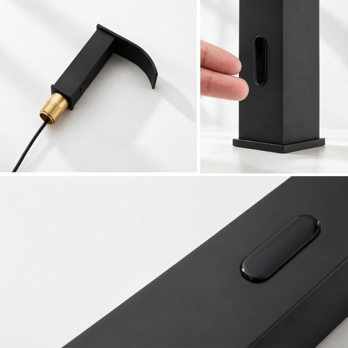 Modern matte black touchless bathroom faucet with a sleek waterfall spout and integrated motion sensor.