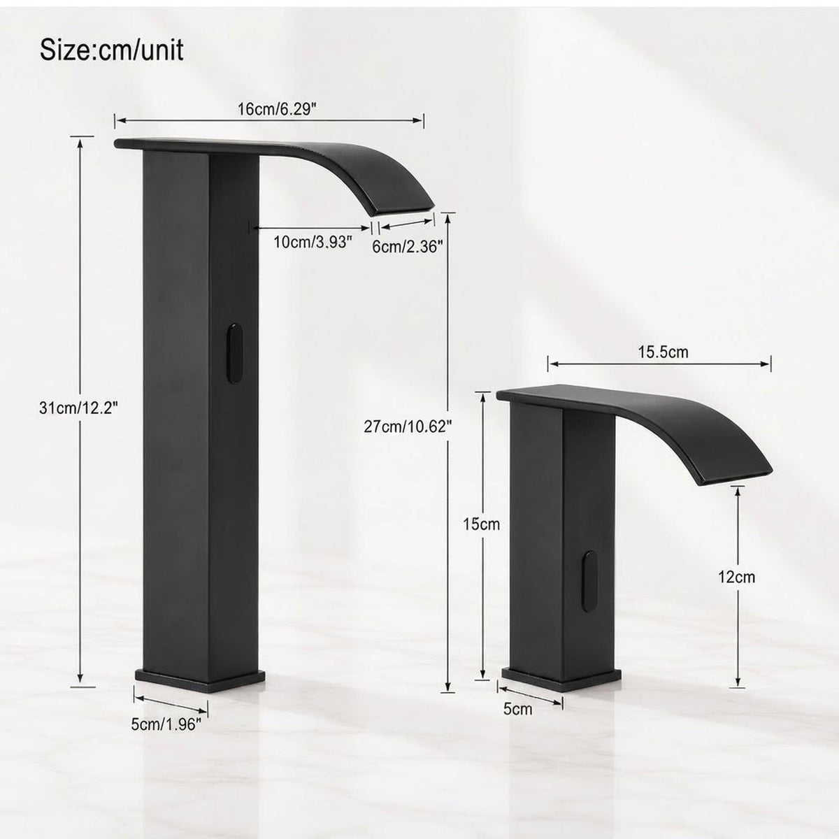 Matte black touchless bathroom faucet with waterfall spout and sensor, shown in two sizes with detailed dimension labels.