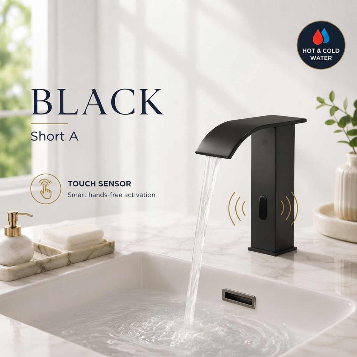 Modern matte black touchless bathroom faucet with a waterfall spout and automatic sensor for hands-free water activation.