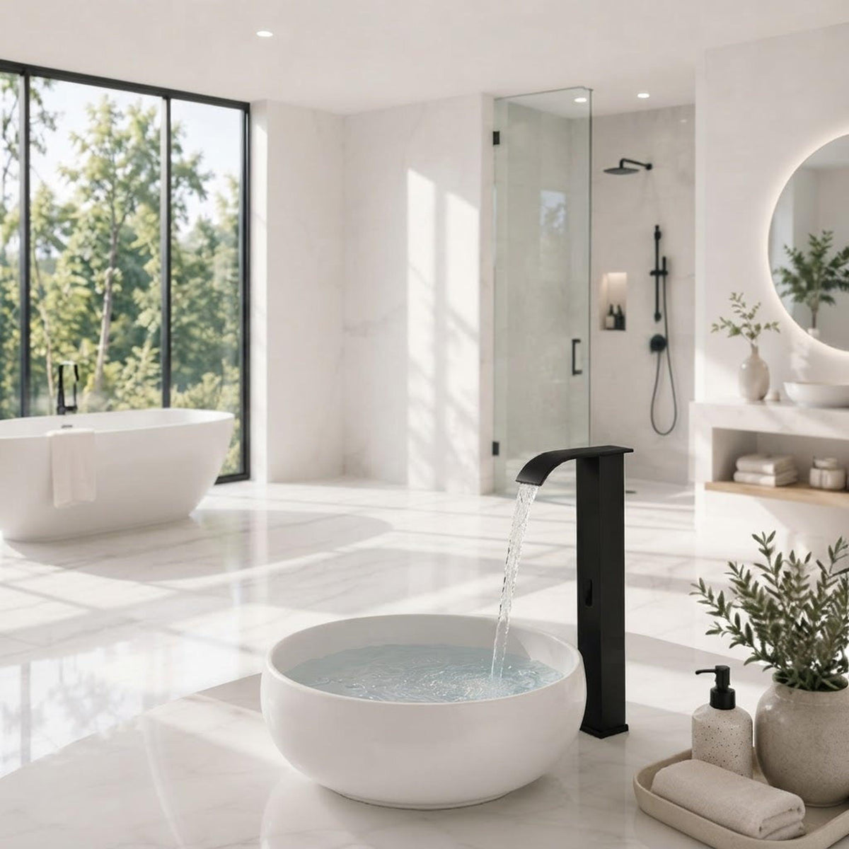 Modern matte black touchless bathroom faucet with a waterfall spout, installed over a white ceramic vessel sink.