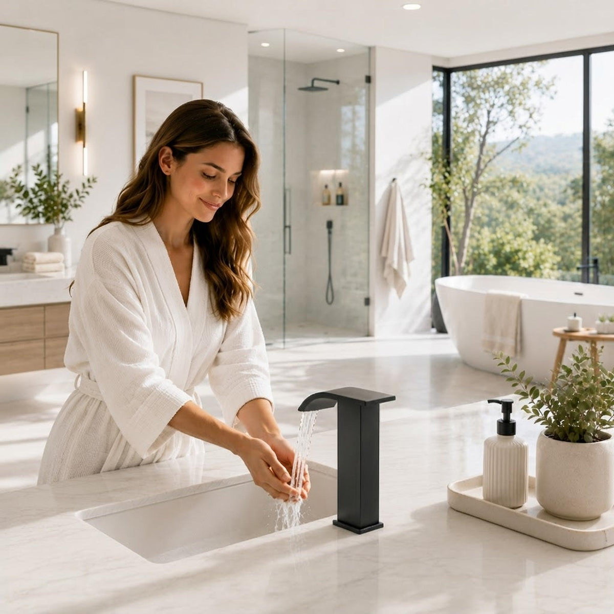 Modern matte black touchless bathroom faucet with a waterfall spout, installed on a white marble vanity in a luxury bathroom.
