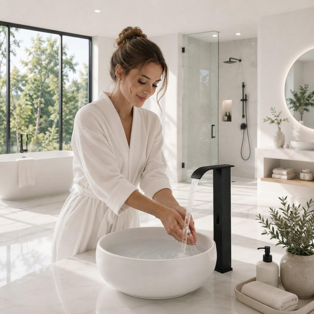 Modern matte black touchless bathroom faucet with a waterfall spout, installed on a white marble vanity sink.