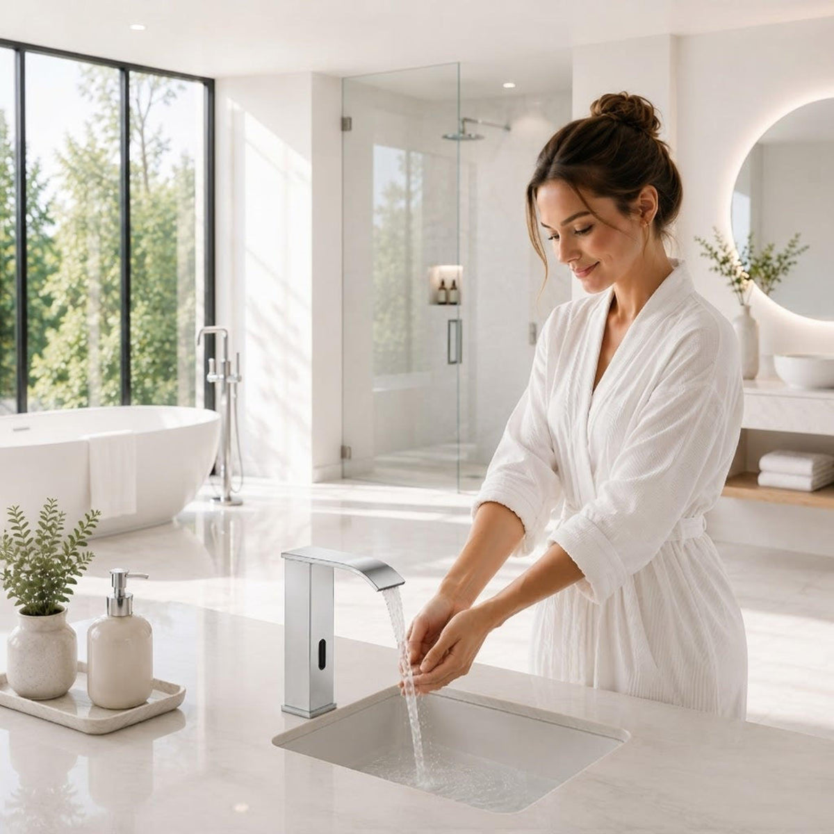 Modern black touchless bathroom faucet with a waterfall spout and automatic sensor in a contemporary washroom.