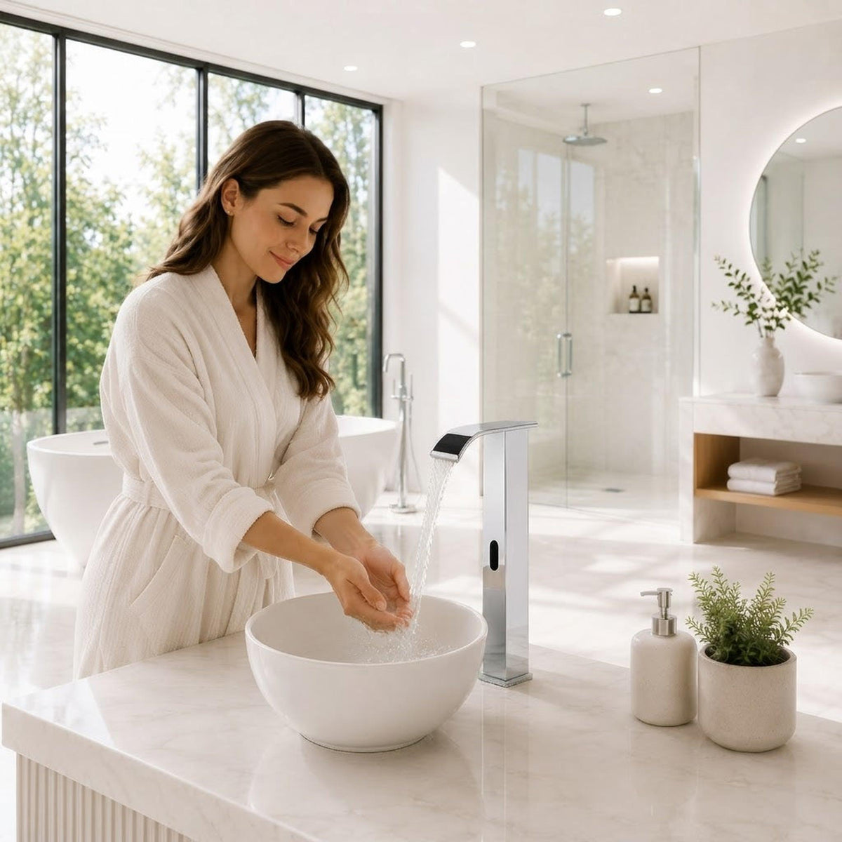 Modern chrome touchless sensor faucet with waterfall spout in a luxury bathroom, providing hands-free water flow.