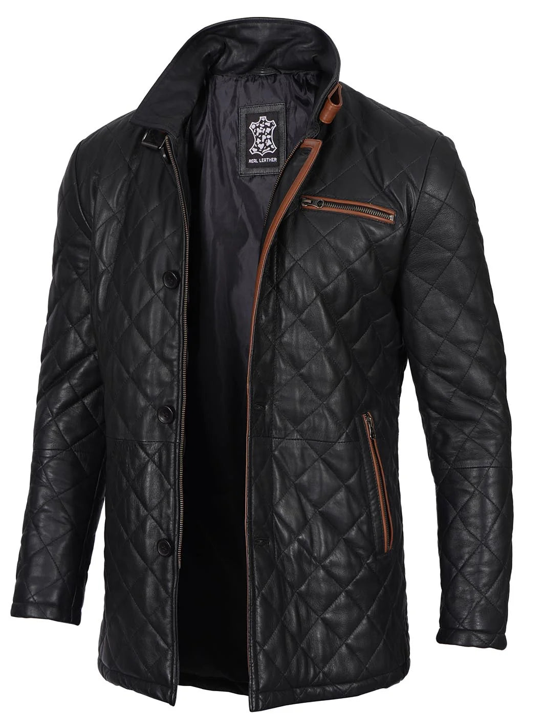 Black Quilted Leather Men's Coat with Brown Trim 0