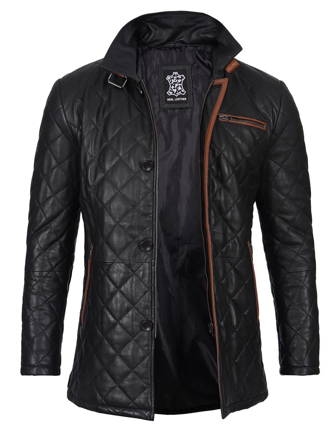 Black Quilted Leather Men's Coat with Brown Trim 1