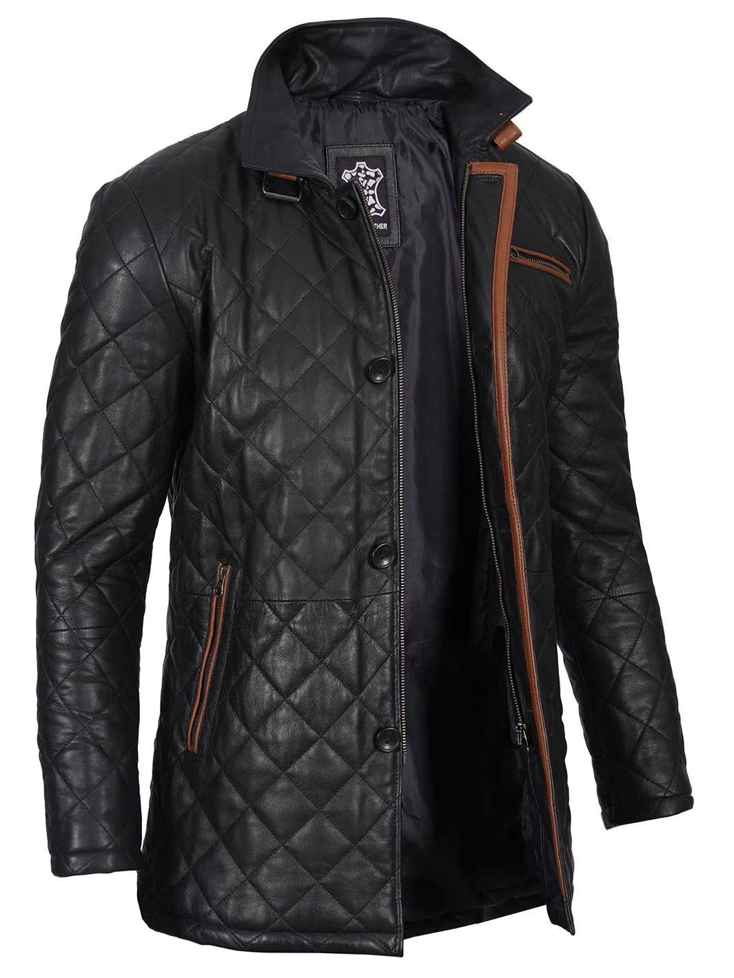 Black Quilted Leather Men's Coat with Brown Trim 2