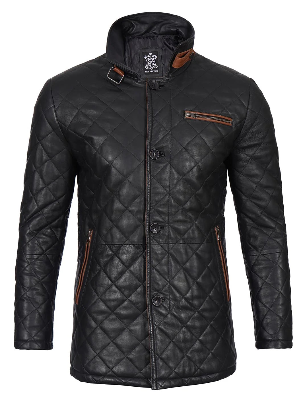 Black Quilted Leather Men's Coat with Brown Trim 3