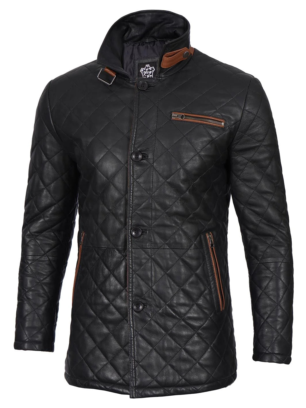 Black Quilted Leather Men's Coat with Brown Trim 4