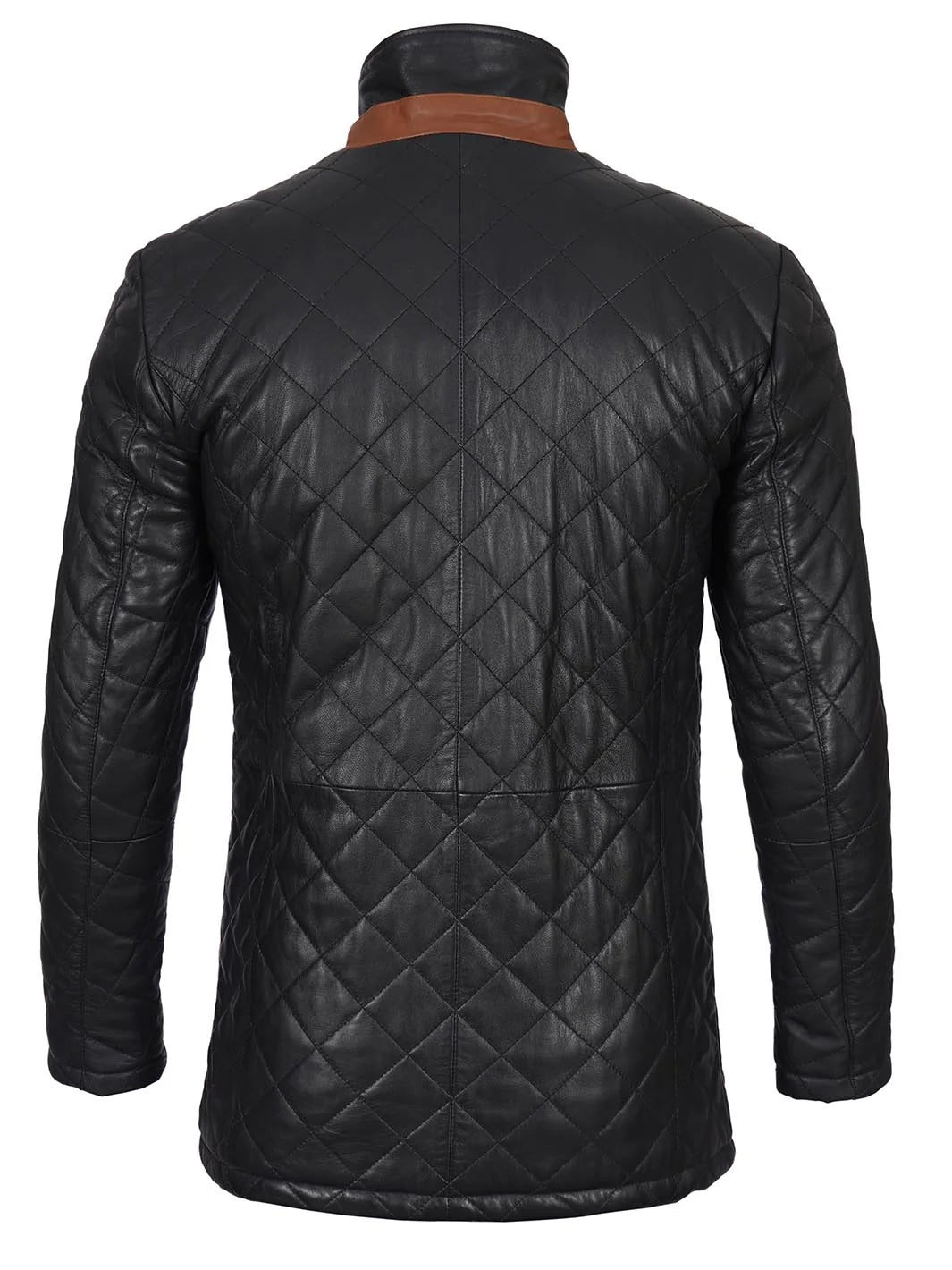Black Quilted Leather Men's Coat with Brown Trim 5