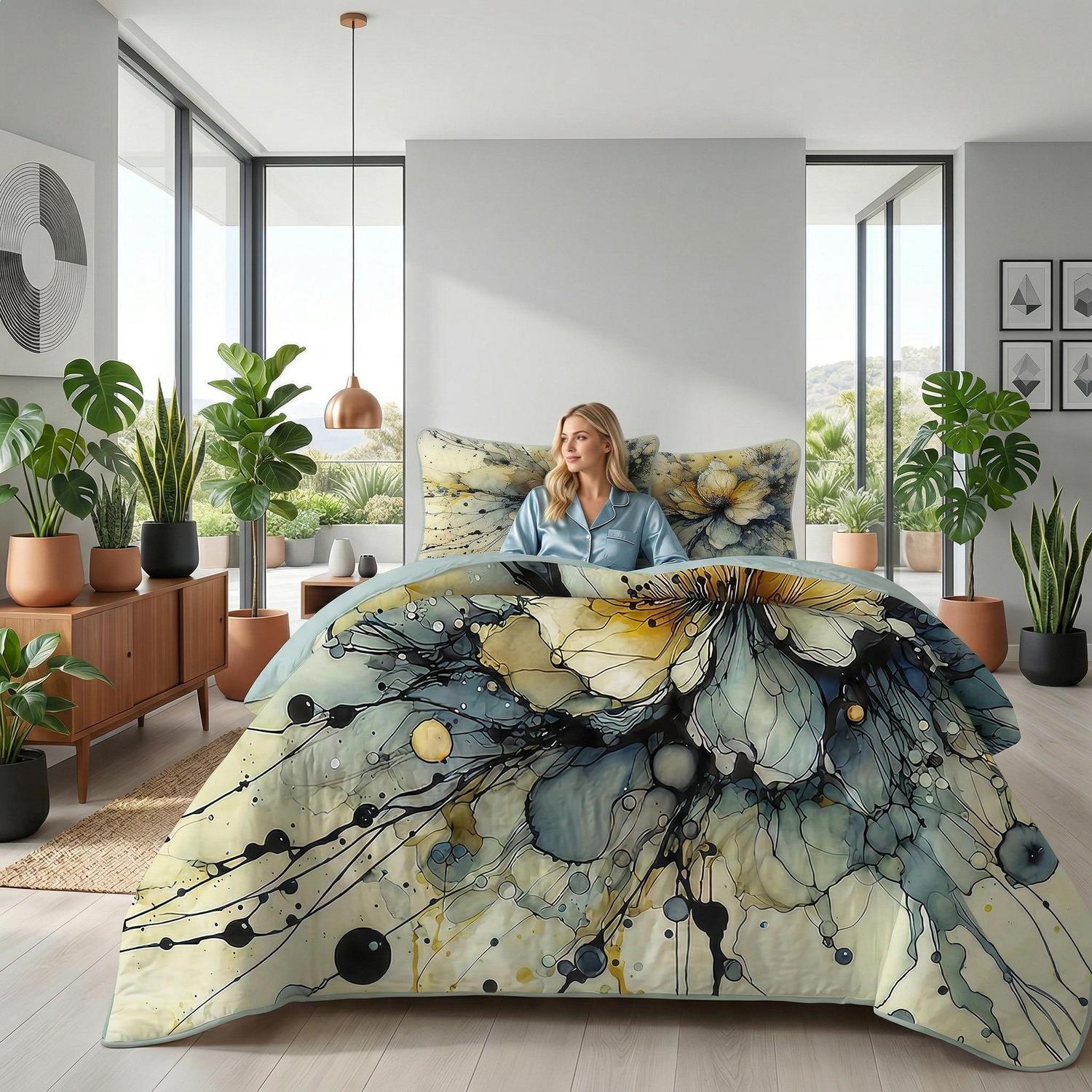 Blue floral elegant quilt set with modern aesthetic and soft microfiber material.