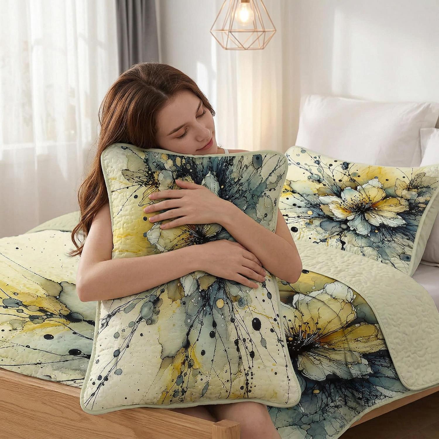 Blue floral elegant quilt set with modern aesthetic, soft microfiber, and durable stitching.