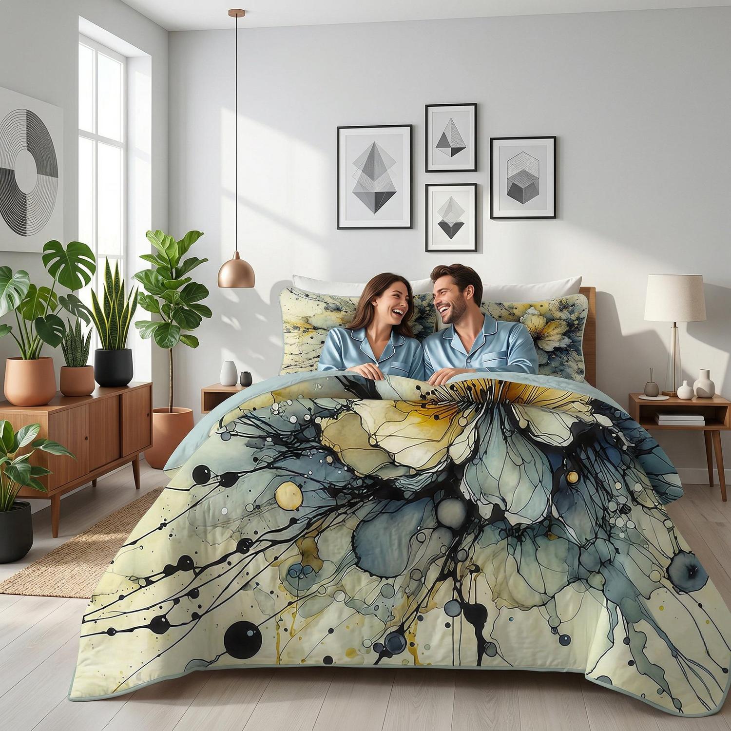Blue floral elegant twin quilt set with modern aesthetic and soft microfiber material.