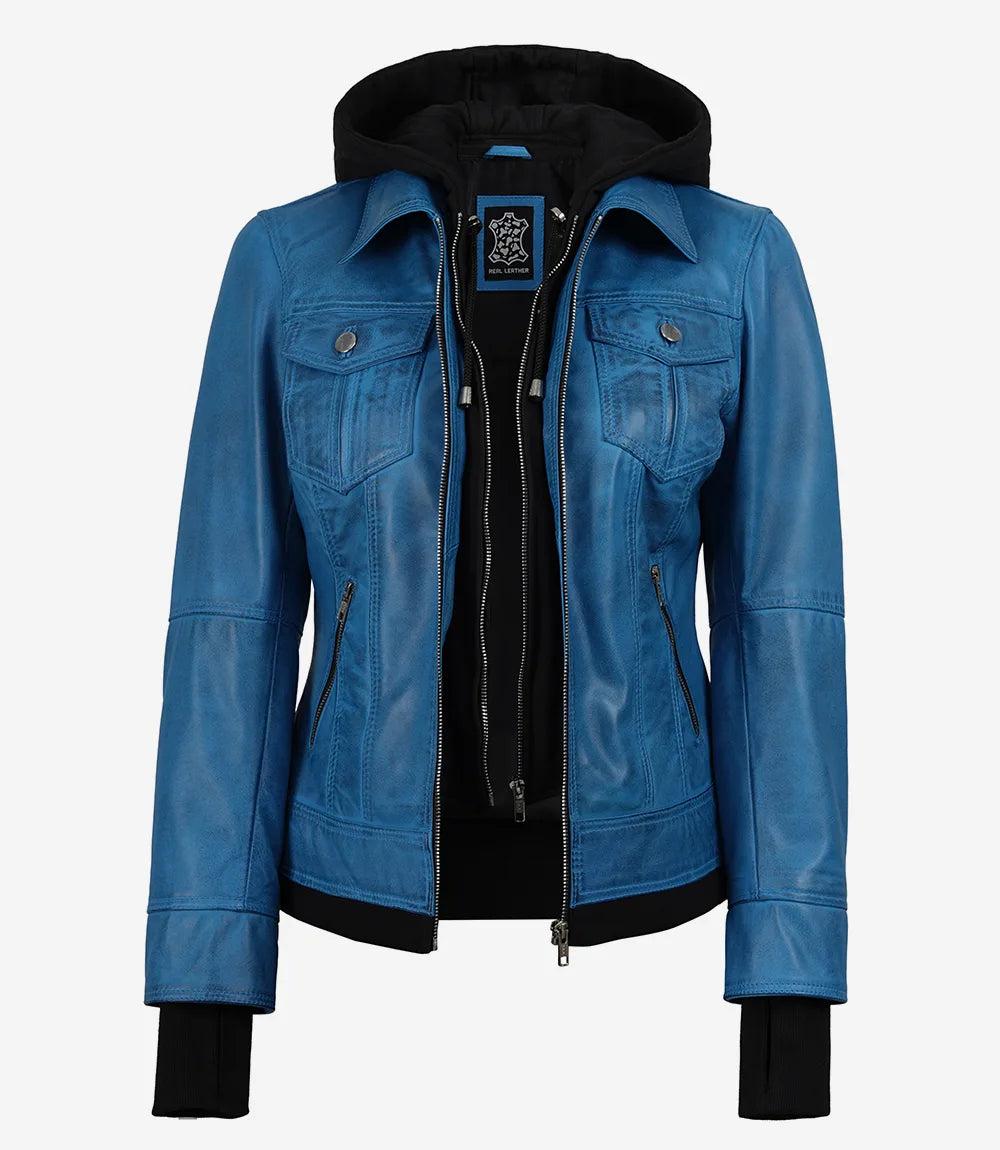 Blue Lambskin Leather Bomber Jacket with Removable Hood-Leather Jackets-Glompi-Glompi