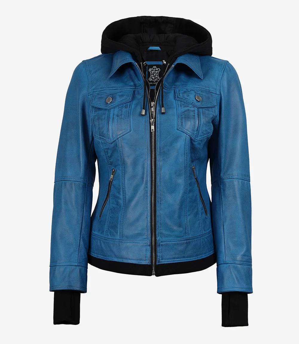 Blue Lambskin Leather Bomber Jacket with Removable Hood-Leather Jackets-Glompi-Glompi