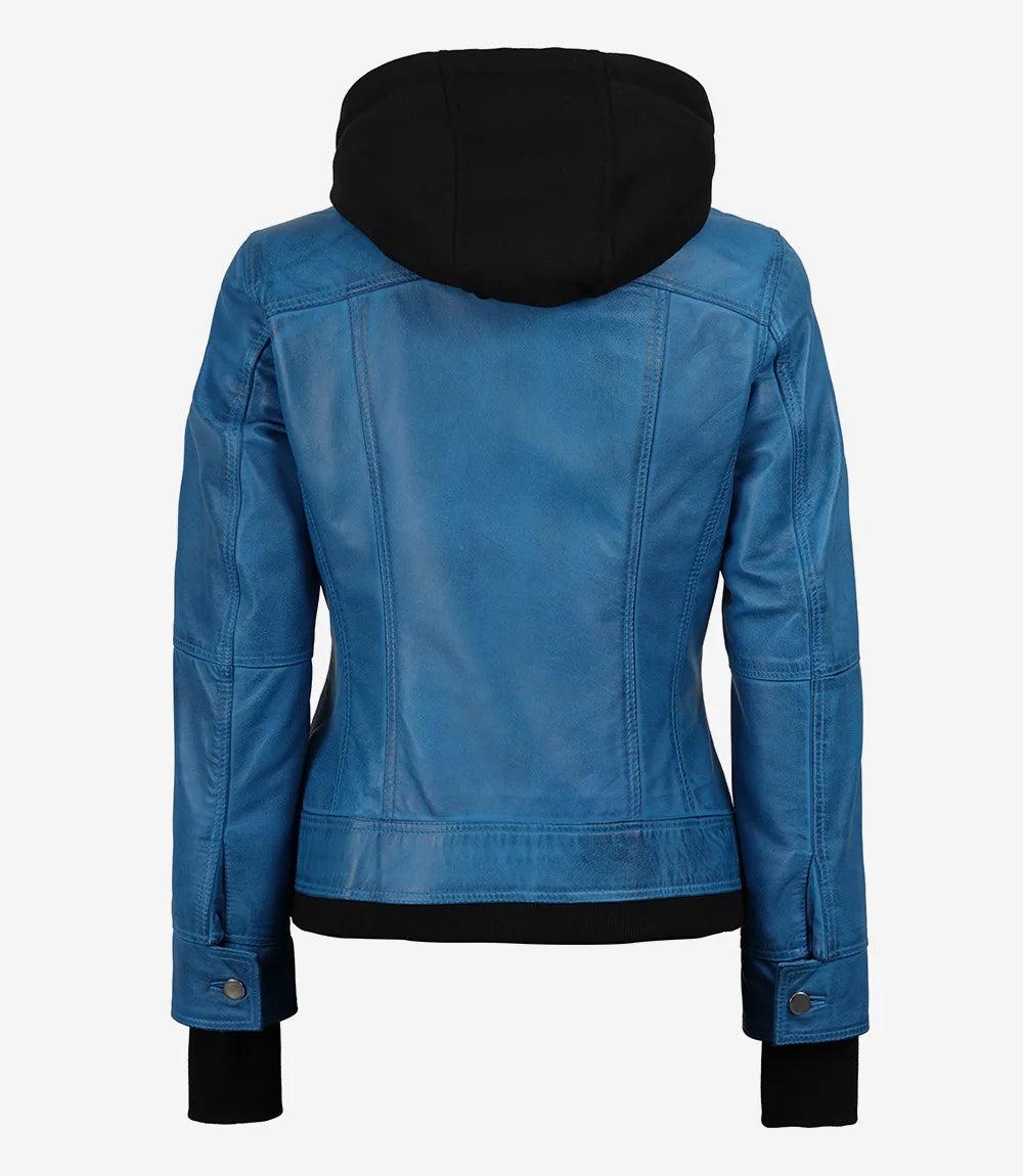 Blue Lambskin Leather Bomber Jacket with Removable Hood-Leather Jackets-Glompi-Glompi