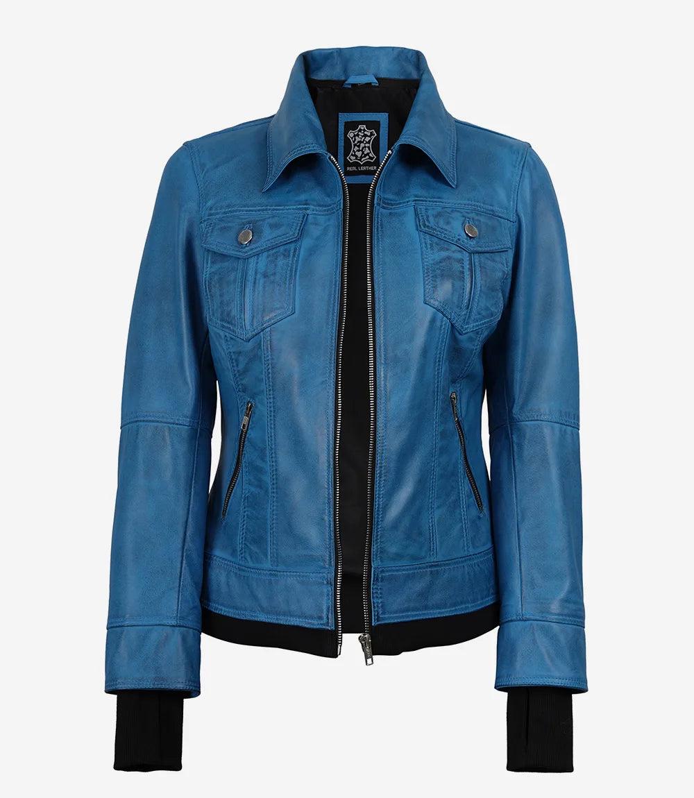 Blue Lambskin Leather Bomber Jacket with Removable Hood-Leather Jackets-Glompi-Glompi