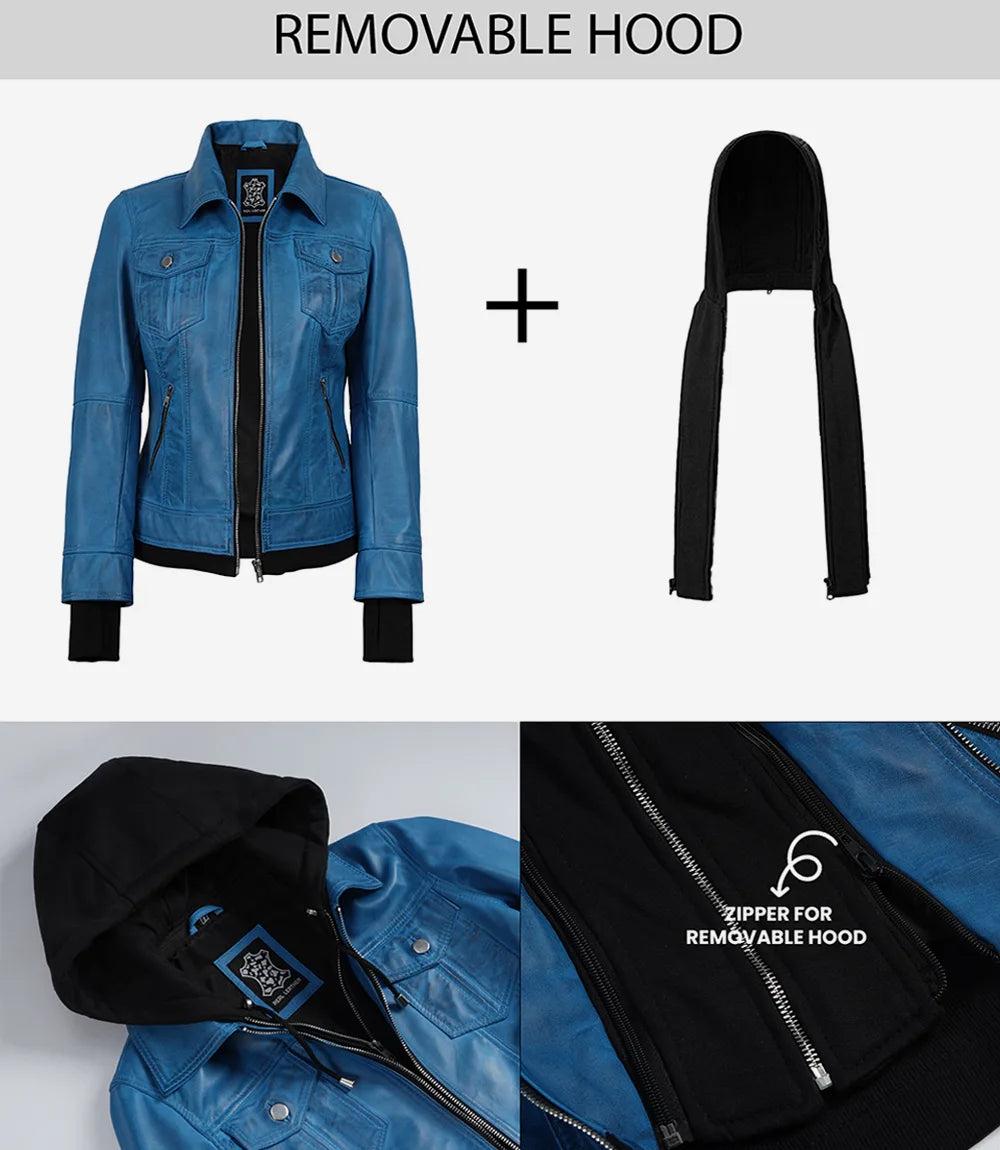 Blue Lambskin Leather Bomber Jacket with Removable Hood-Leather Jackets-Glompi-Glompi