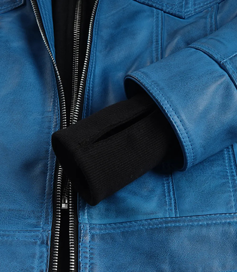 Blue Lambskin Leather Bomber Jacket with Removable Hood-Leather Jackets-Glompi-Glompi