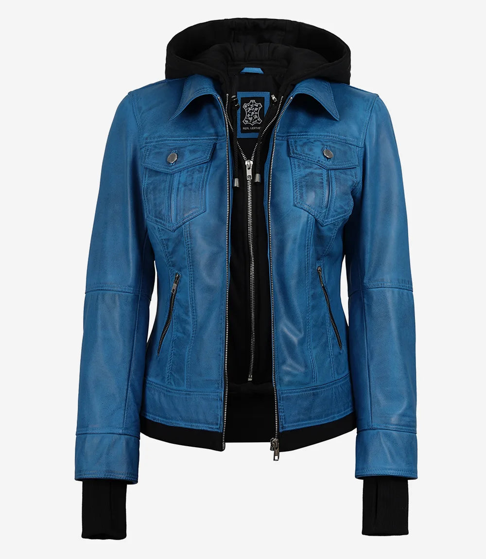 Blue Lambskin Leather Bomber Jacket with Removable Hood-Leather Jackets-Glompi-Glompi