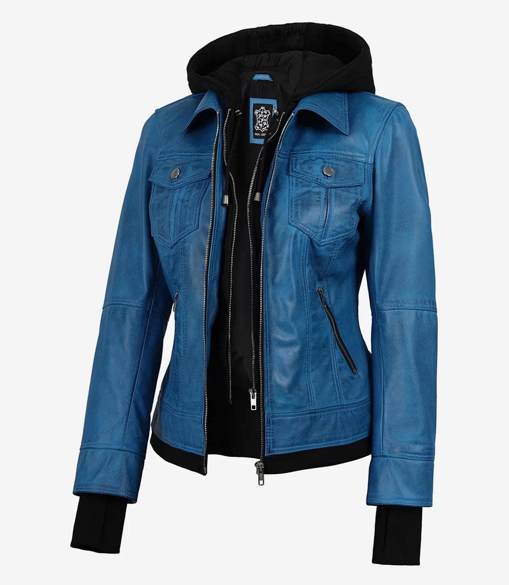 Blue Lambskin Leather Bomber Jacket with Removable Hood-Leather Jackets-Glompi-XS-Glompi