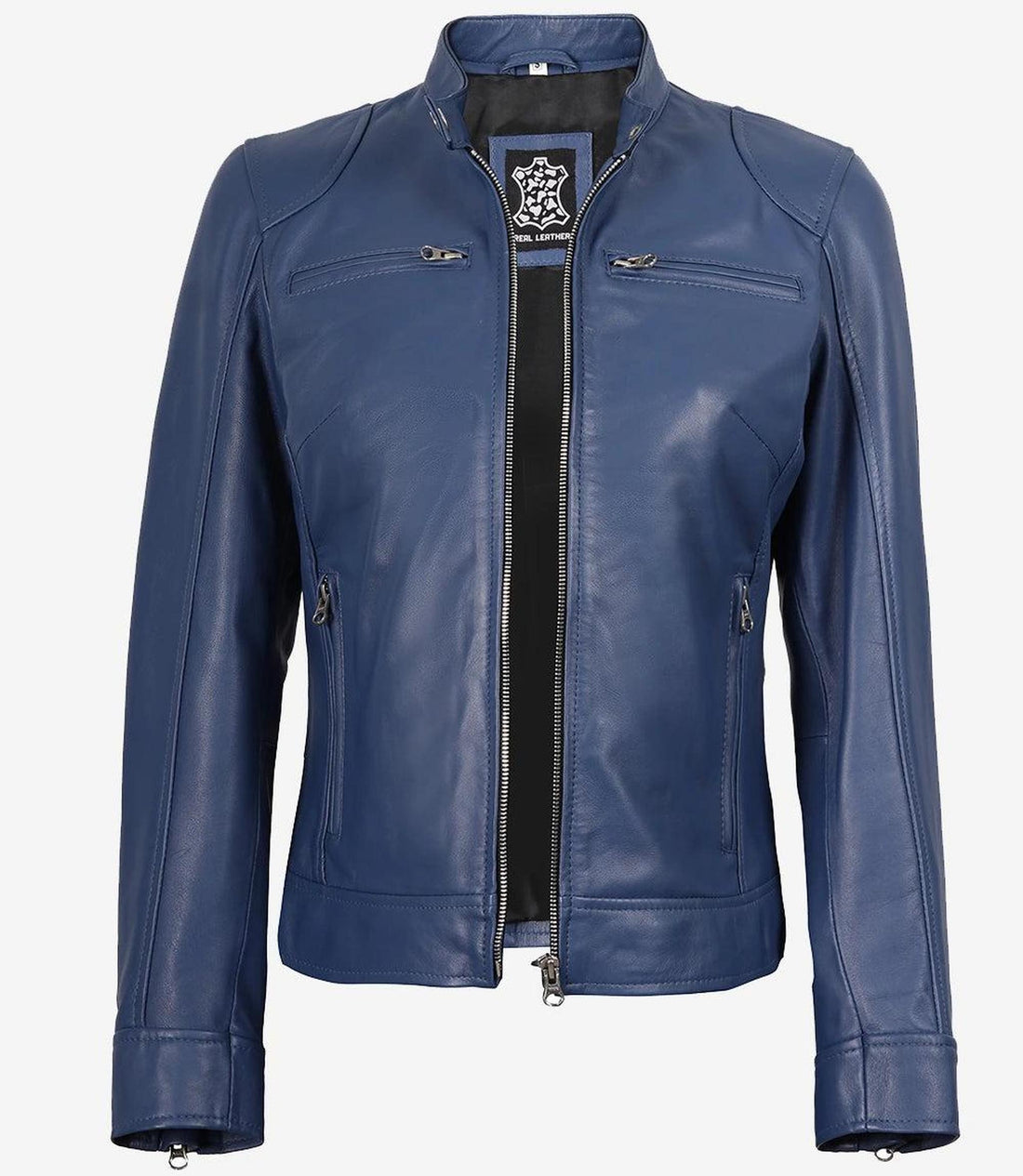 Blue Leather Biker Jacket for Women with Zipper Cuffs-Leather Jackets-Glompi-XS-Glompi