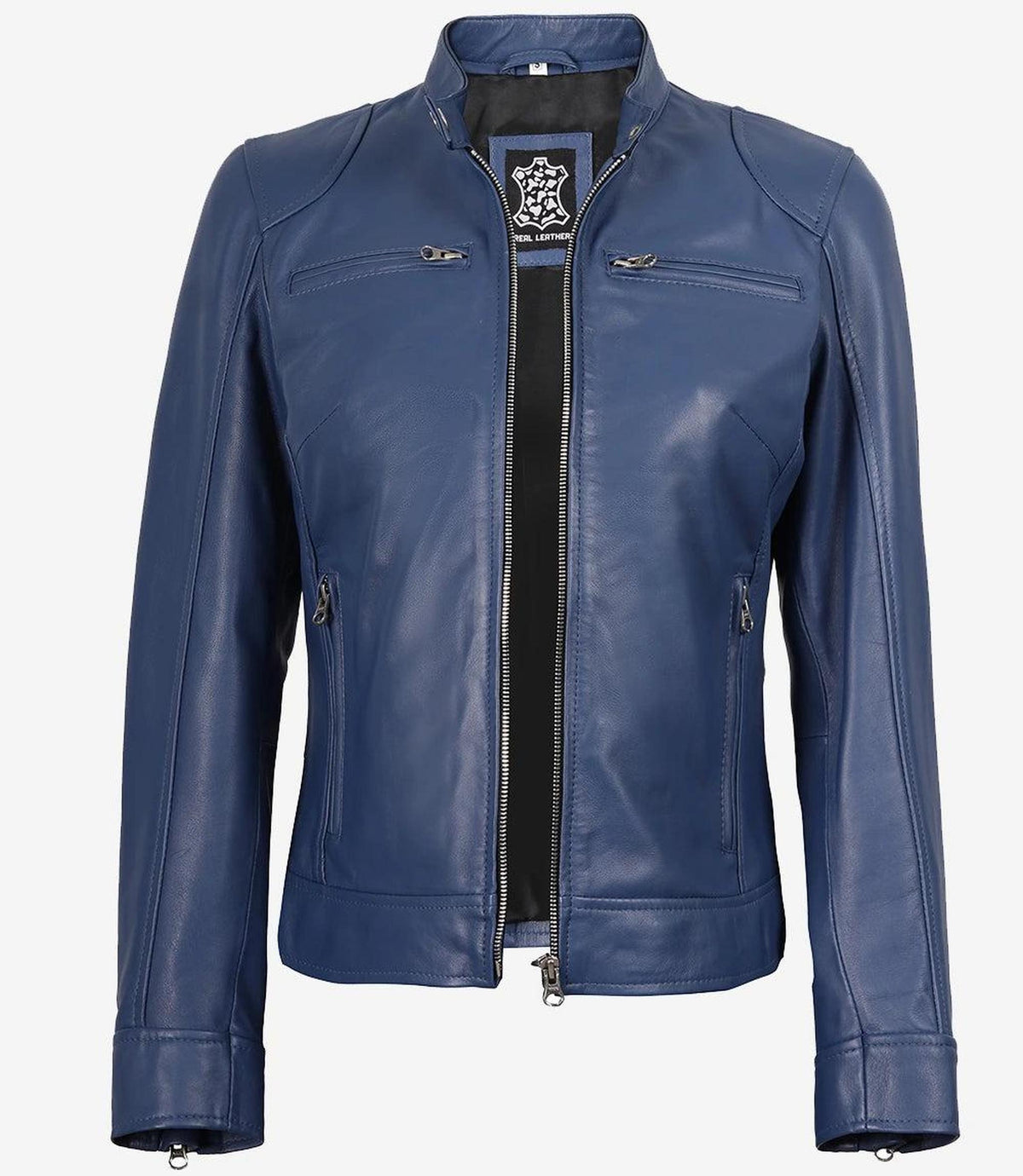 Blue Leather Biker Jacket for Women with Zipper Cuffs-Leather Jackets-Glompi-Glompi