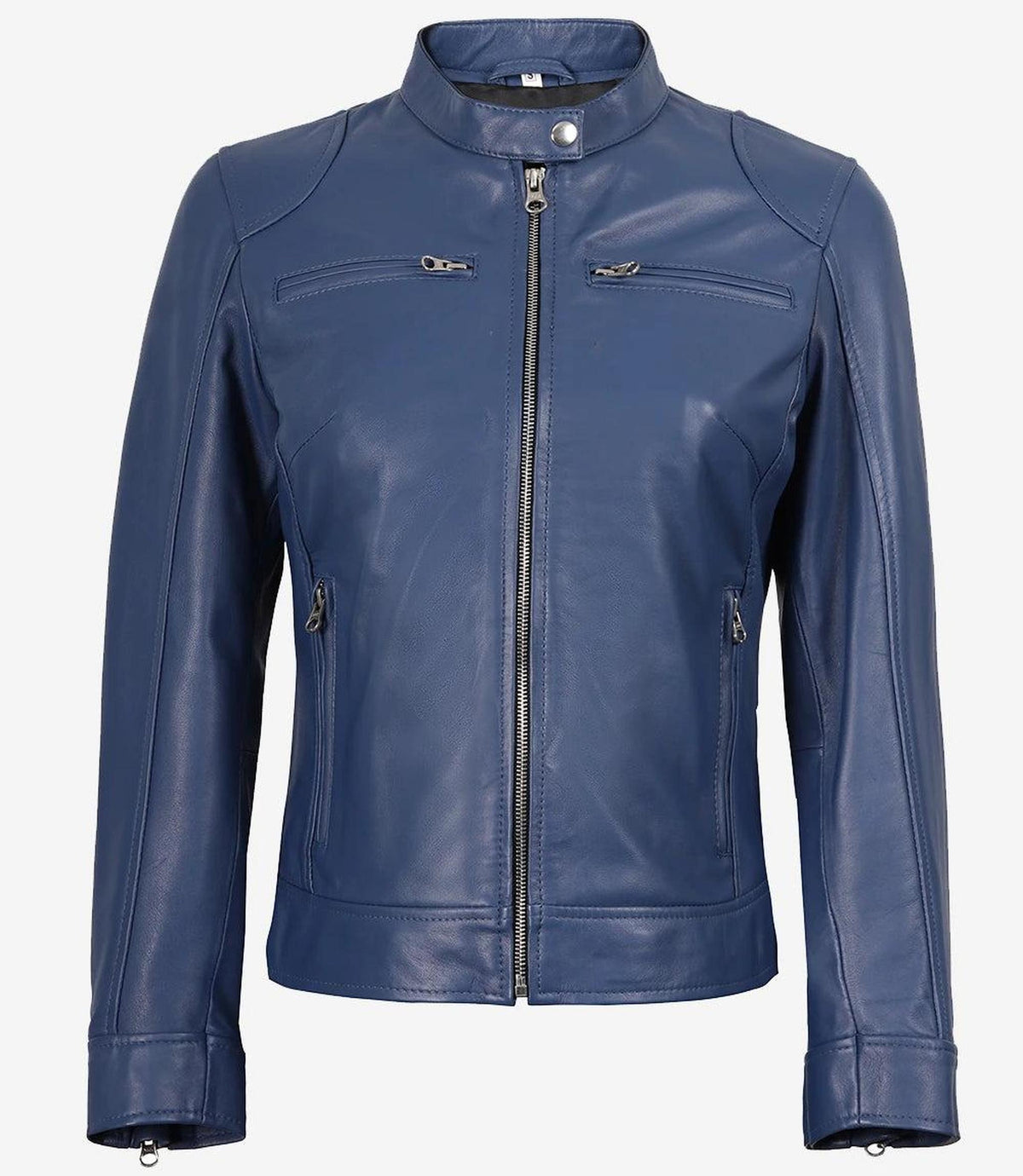 Blue Leather Biker Jacket for Women with Zipper Cuffs-Leather Jackets-Glompi-Glompi