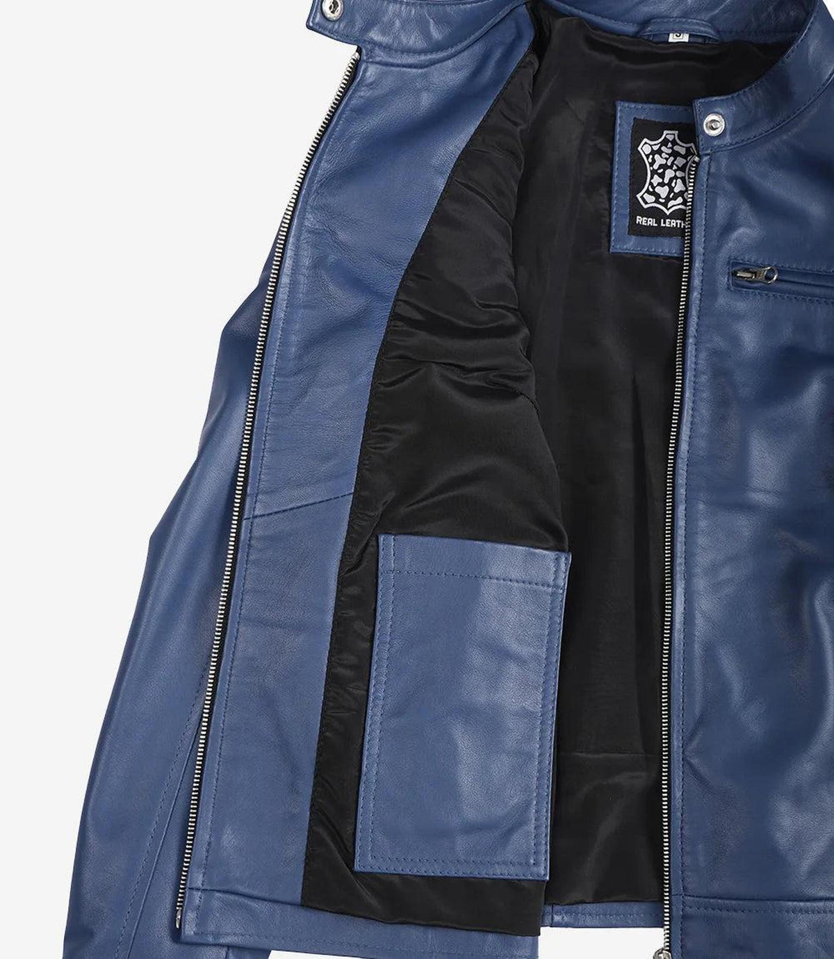 Blue Leather Biker Jacket for Women with Zipper Cuffs-Leather Jackets-Glompi-Glompi