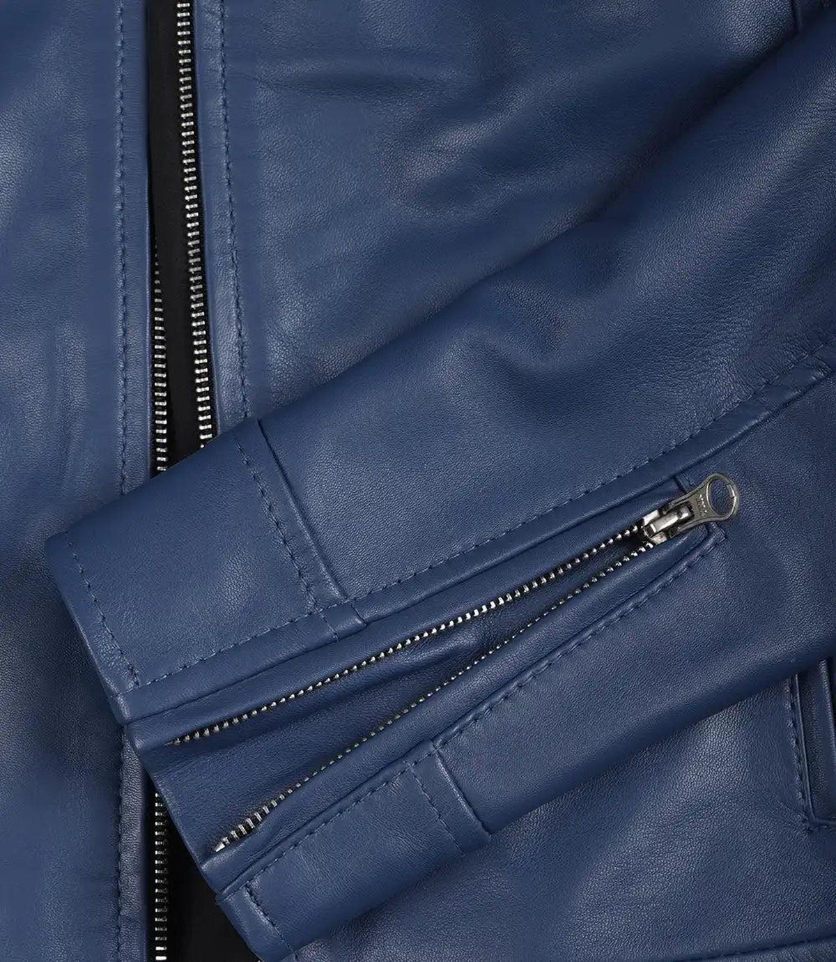 Blue Leather Biker Jacket for Women with Zipper Cuffs-Leather Jackets-Glompi-Glompi