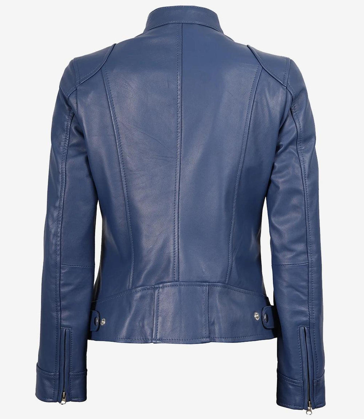 Blue Leather Biker Jacket for Women with Zipper Cuffs-Leather Jackets-Glompi-Glompi