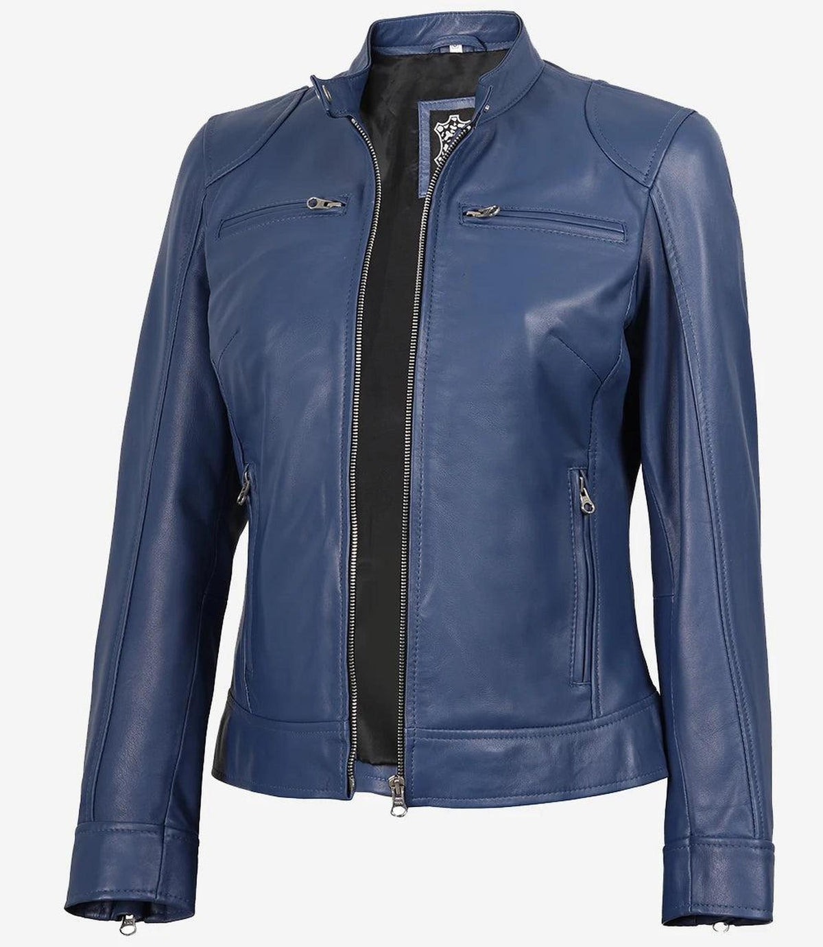 Blue Leather Biker Jacket for Women with Zipper Cuffs-Leather Jackets-Glompi-XS-Glompi