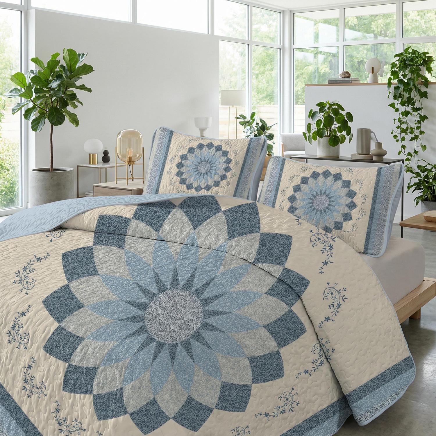 Blue sun printed quilt set with elegant floral design, includes quilt and pillowcases.