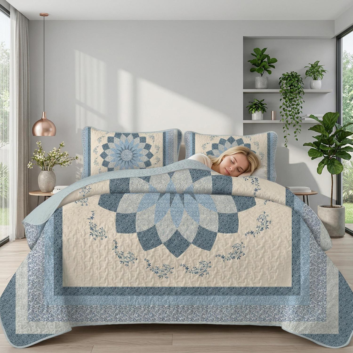 Blue Sun Printed Quilt Set with elegant floral design, polyester material, and two pillowcases.