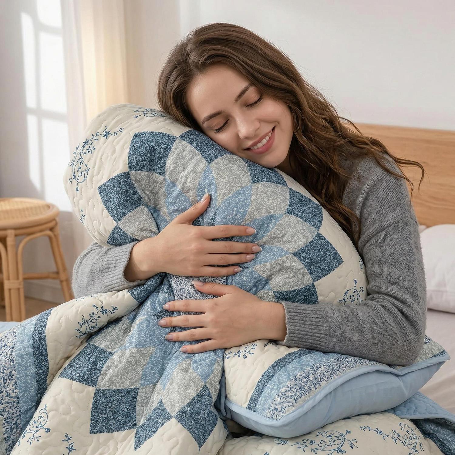 Blue Sun Printed Quilt Set with elegant floral design, polyester material, and two pillowcases.