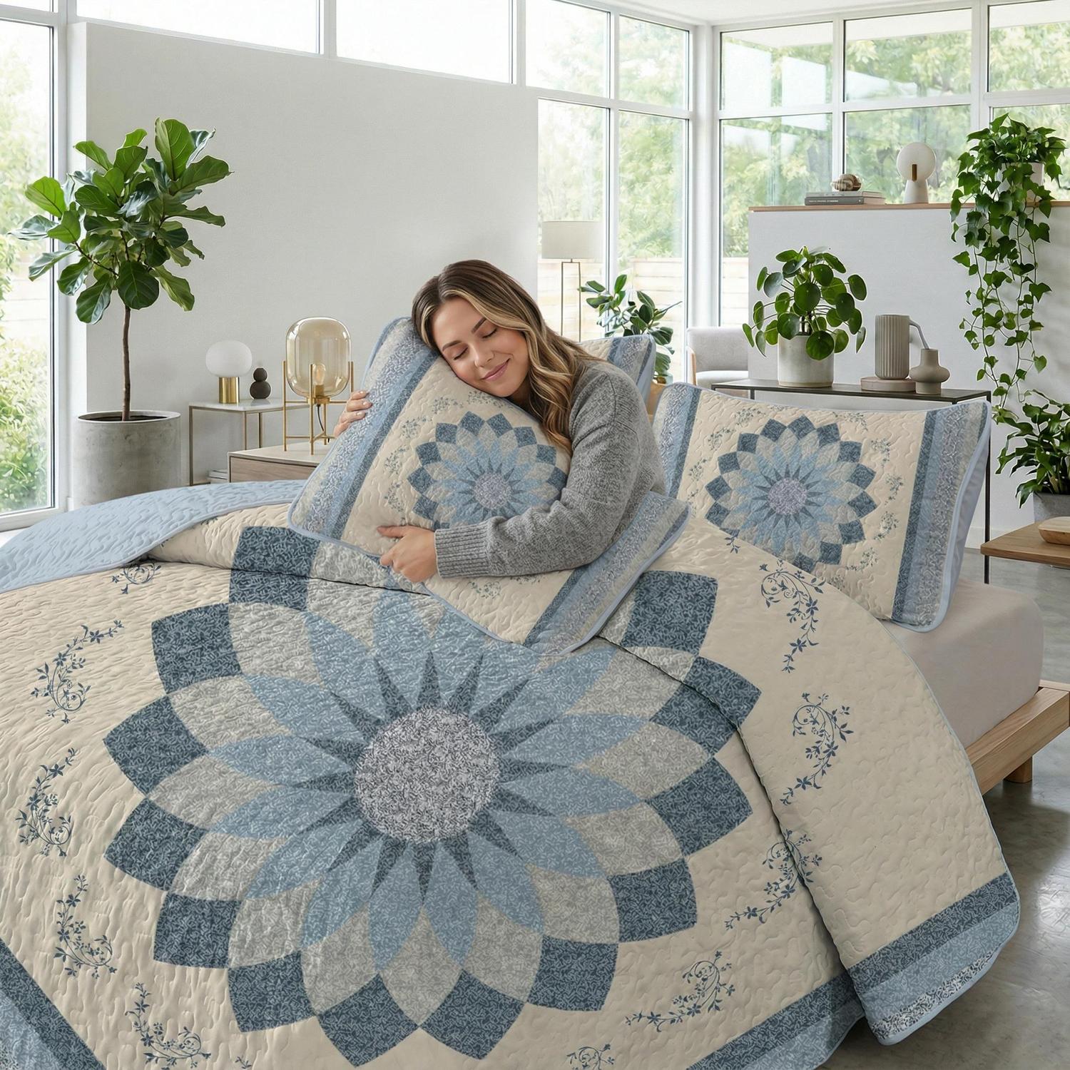 Blue Sun Printed Quilt Set, Twin size, with elegant floral design and two matching pillowcases.